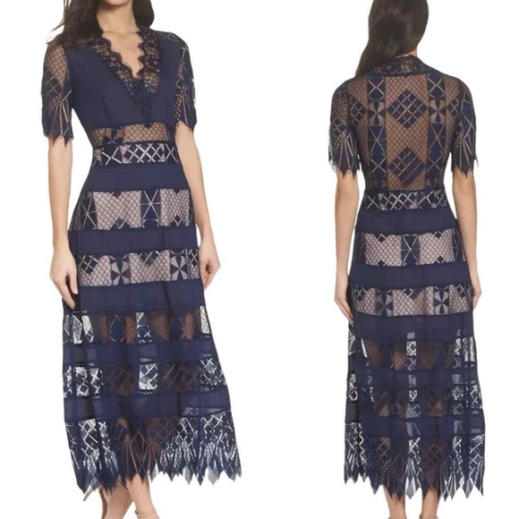 NEW Lace Maxi Gown, Foxiedox, SZ L, Navy Bravo Zulu Lace Paneled Dress NWT - Picture 1 of 15